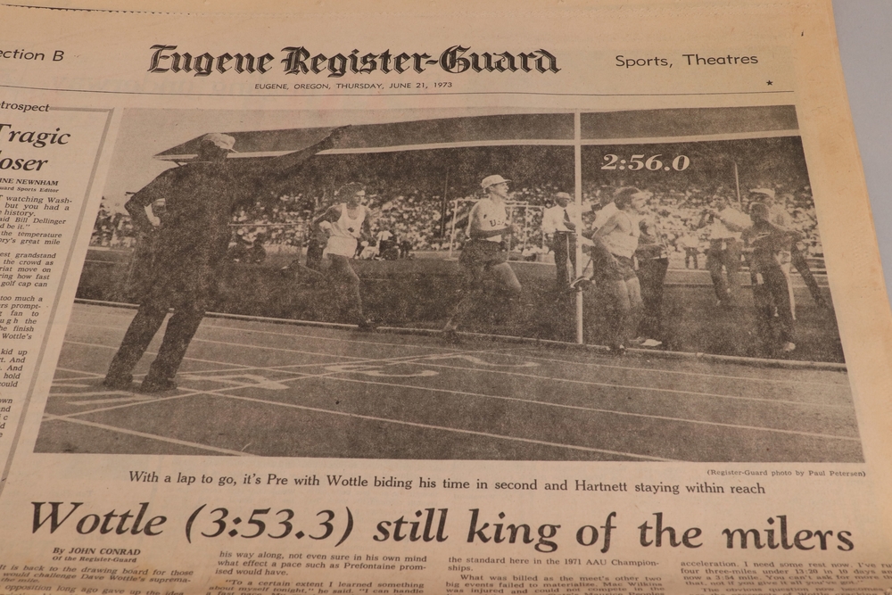 Publications 26 + Pre 24 - Eugene Register-Guard 6/21/1973 (2 copies) - Wottle 3:53.3 | Publications