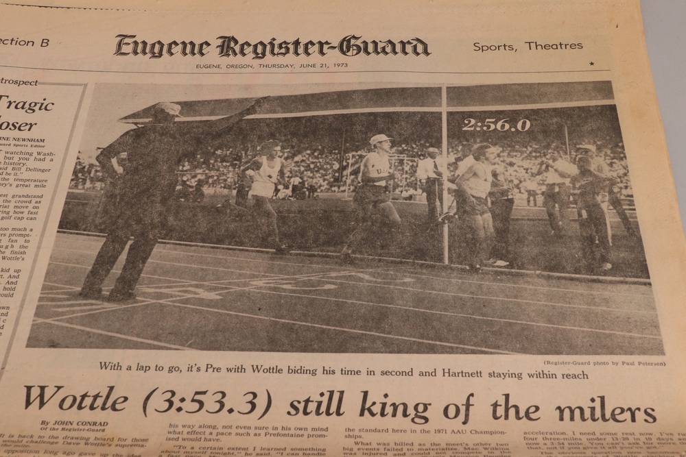 Publications 26 + Pre 24 - Eugene Register-Guard 6/21/1973 (2 copies) - Wottle 3:53.3 | Steve Prefontaine