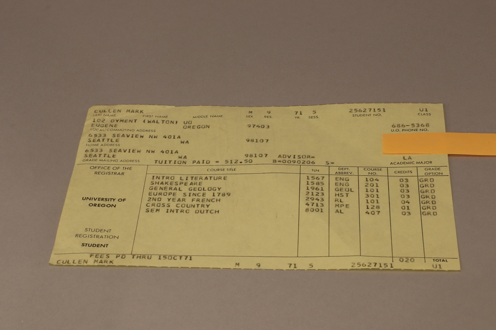 My Story 10 - Fall Registration Archive - yellow copy of printed schedule showing Bowerman's cross country class | My Story