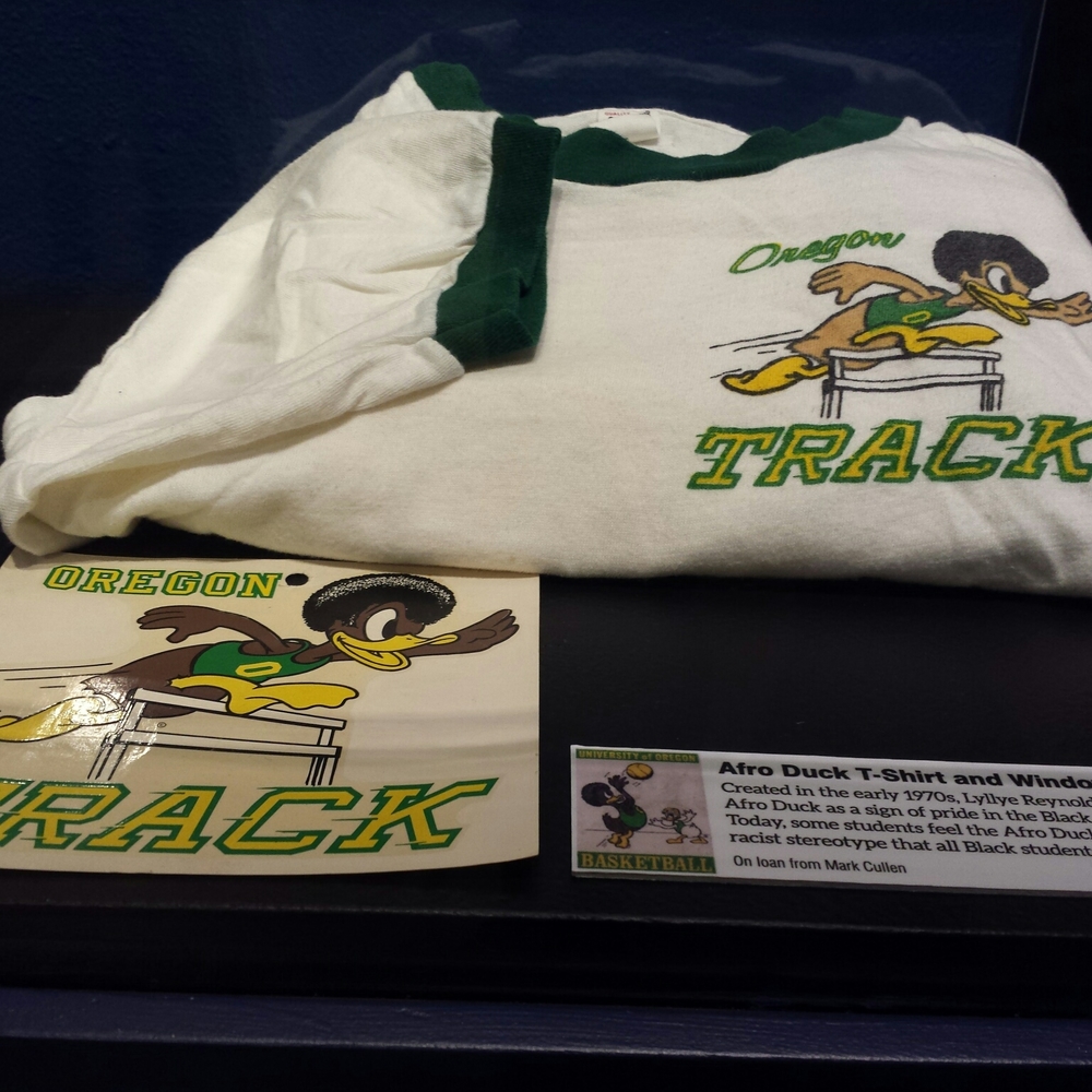 Oregon T+F 1 - Afro Duck window decal and t-shirt | Oregon Track & Field, 1971-76