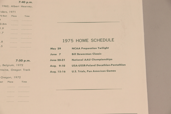 Programs 34 + Pre 33 (3) - 1975 home schedule in the NCAA Preparation Meet Program | Steve Prefontaine