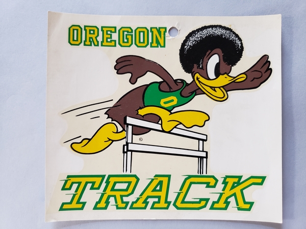 Oregon T+F 1 - Afro Duck window decal and t-shirt | Oregon Track & Field, 1971-76
