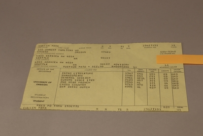 Image My Story 10 - Fall Registration Archive - yellow copy of printed schedule showing Bowerman's cross country class